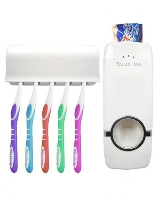 Toothpaste Dispenser With Tooth Brush Holder - White