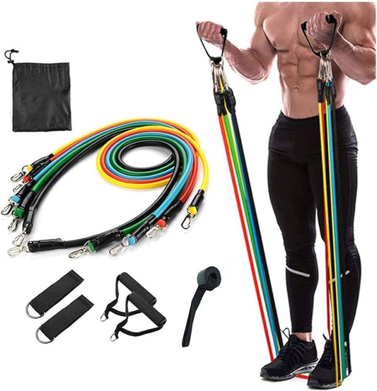 11 Pcs Resistance Band Set Yoga Pilates Abs Exercise Fitness Gym Workout Set With Elastic Tube, Door Anchor, Ankle Straps, And Handles For Weight Loss Or Stretch