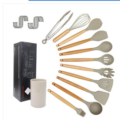 Umite Chef Kitchen Cooking Utensils Set, 33 pcs Non-Stick Silicone Cooking Kitchen Utensils Spatula Set with Holder, Wooden Handle Silicone Kitchen Gadgets Utensil Set (Khaki)