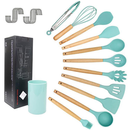 Umite Chef Kitchen Cooking Utensils Set, 33 pcs Non-Stick Silicone Cooking Kitchen Utensils Spatula Set with Holder, Wooden Handle Silicone Kitchen Gadgets Utensil Set (Khaki)