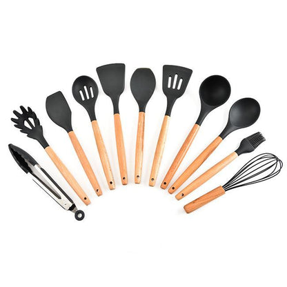 Umite Chef Kitchen Cooking Utensils Set, 33 pcs Non-Stick Silicone Cooking Kitchen Utensils Spatula Set with Holder, Wooden Handle Silicone Kitchen Gadgets Utensil Set (Khaki)